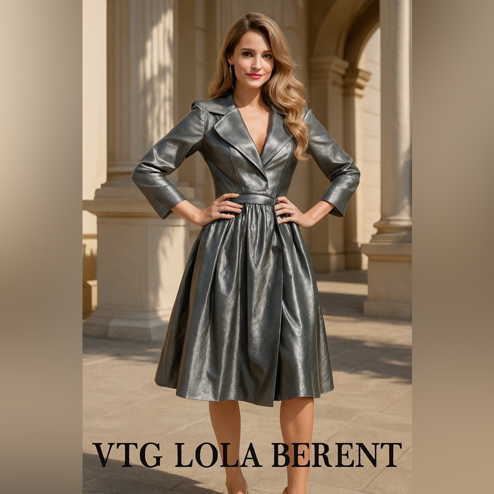 VTG Lola Berent,Metallic Silver Cocktail Dress,Dramatic Collar, Chic,US Size 4